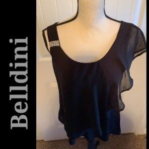 ❣️HP❣️ Belldini black rhinestone strap ruffle chiffon dazzle blouse Sz: M